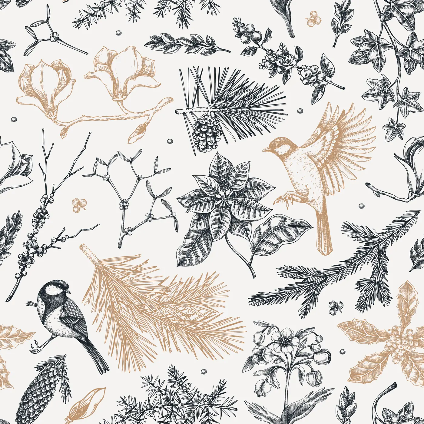  Winter garden seamless pattern. Christmas background. Winter flowers, conifer tree, bird sketches. Hand drawn vector illustration. NOT AI generated Illustration